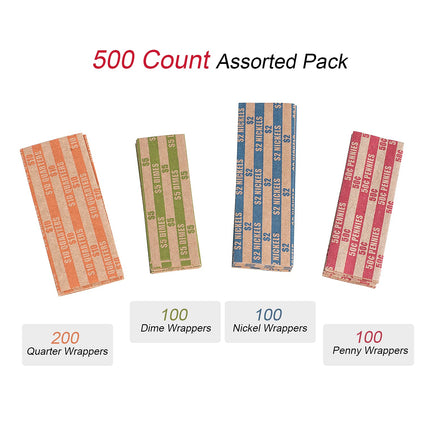Coin Wrappers Assorted 500 Flat Stripped Coin Roll Wrappers for All Coins Including 200 Quarter Wrappers and 100 Each of Penny, Nickel, Dime Wrappers