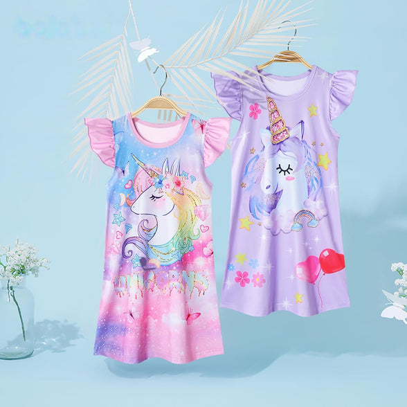 LQSZ 2Pcs Girls Nightgowns 3-10 Years Flutter Short Sleeves Dress Nightdress Sleepwear Pajamas Nightgowns for Girls