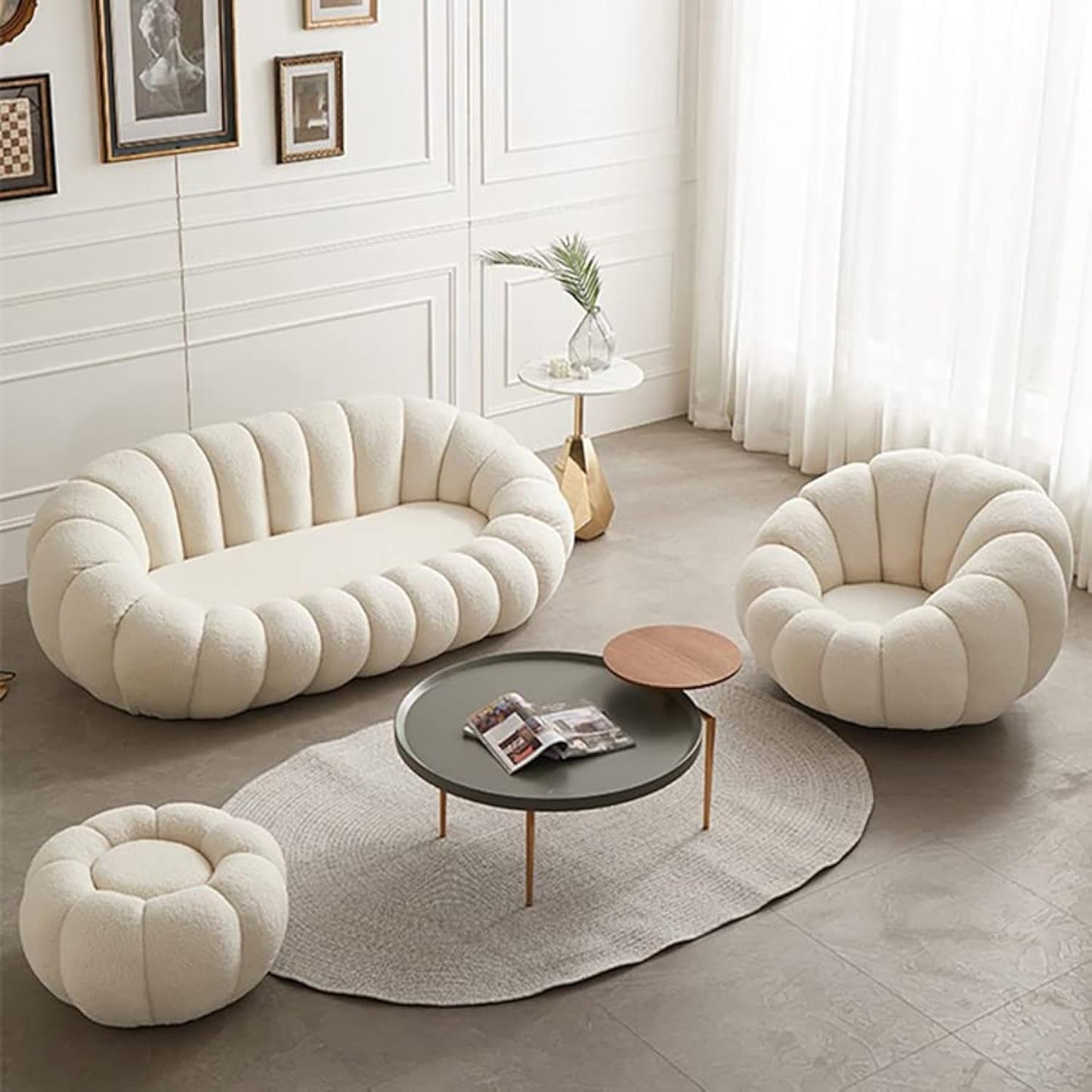 Maple Home Decoration Lamb Fleece Sofa Set Modern Nordic Flower Minimalist Style Sofa For Living Room Cafe Hotel Shop Home Furniture (White Three Seater 180cm)