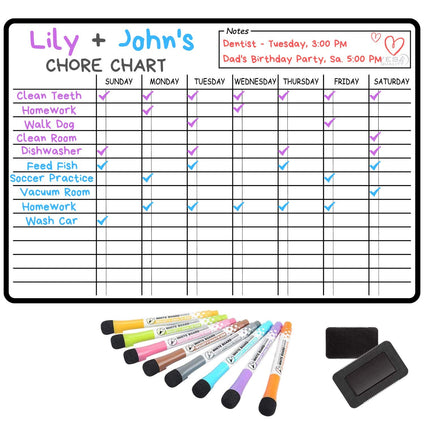 Large Magnetic Dry Erase Chore Chart 19 x 13 in - with Stain Resistant Technology - Fridge White Board Planner for Multiple Kids, Teens and Adults - Includes 8 Markers and Eraser with Strong Magnets