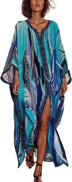 YouKD Summer Floral Loose Caftan Boho Beach Bikini Cover Up Dress Plus Size Robe for Women