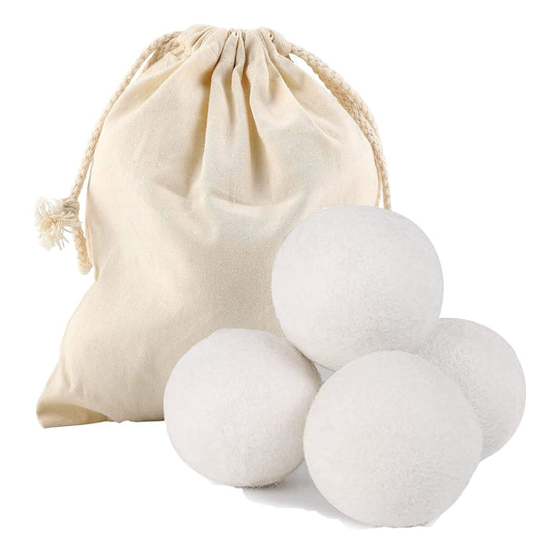 Wool Dryer Balls, 4pcs Wool Tumble Drying Ball With Cotton Bag, Laundry Reusable Natural Fabric Softener Reduces Clothing Wrinkles and Saves Drying Time for Washing Machine, White, 6cm