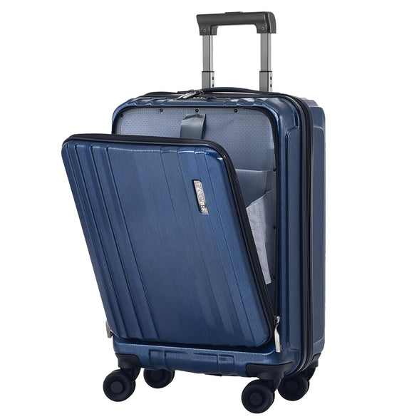Carry On 55x35x23cm Cabin Luggage 20 Inch with Front Compartment, Lightweight ABS+PC Hardshell Suitcase with Dual Control TSA Lock, YKK Zipper, 4 Spinner Silent Wheels, Dark Blue