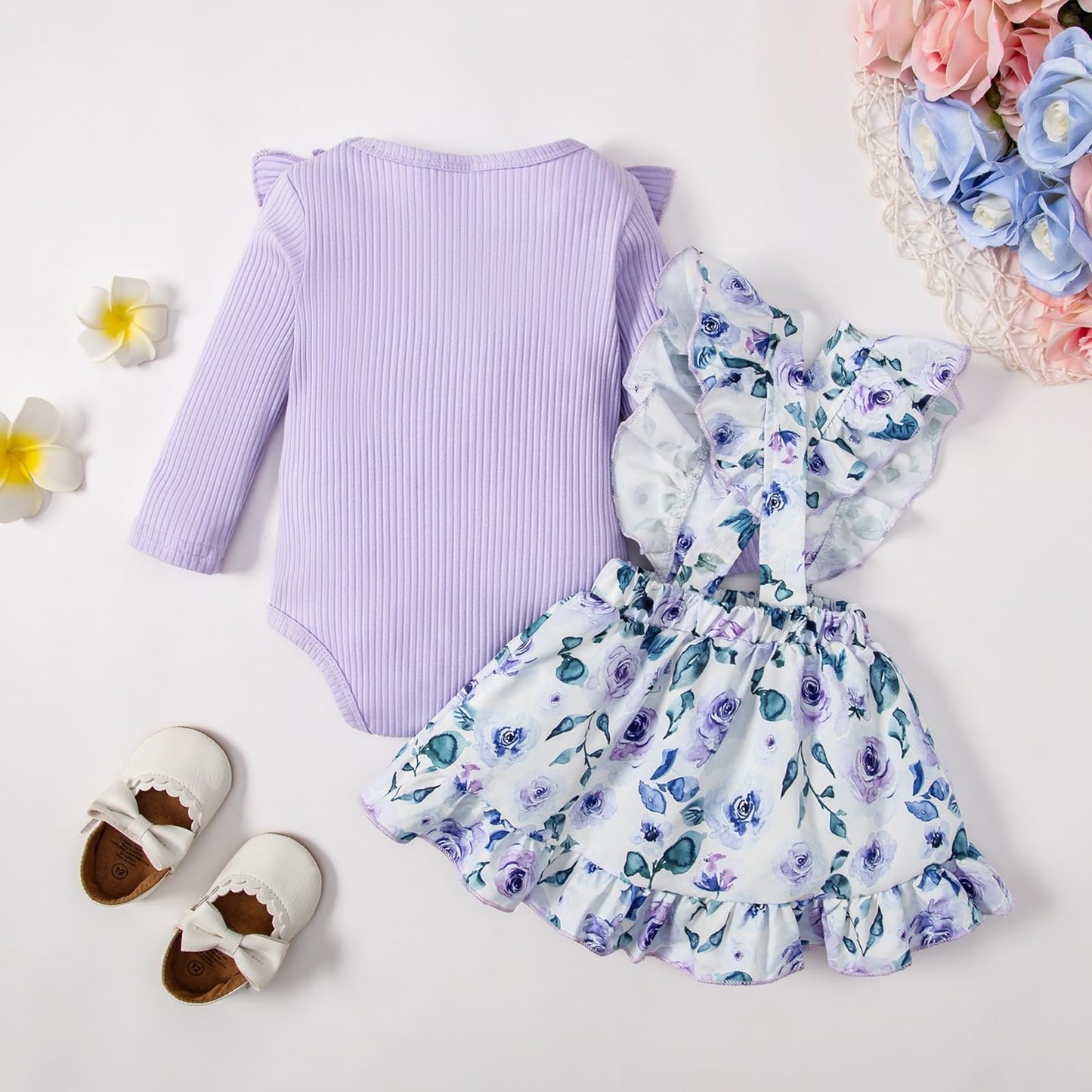 Borlai Newborn Baby Girl Floral Suspender Skirt Outfits Short Sleeve Ruffle Romper Dress Clothes Set(3-6 M)