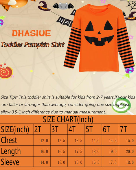 DHASIUE Halloween Shirt for Toddler Boy Girl Pumpkin Skeleton Ghost Dino Trucks Stripe Long Sleeve Tops for Kids 2-7 Years