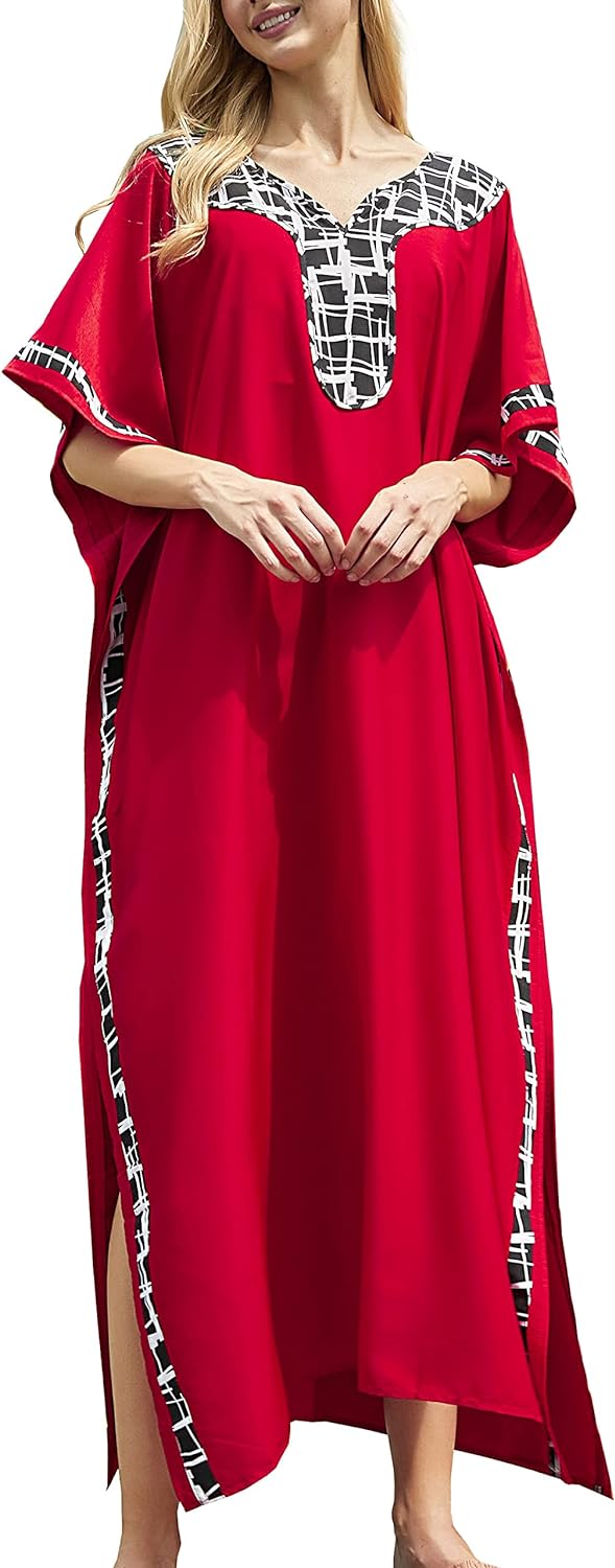 YouKD Maxi Dress V-Neck Kaftan Boho Robes Beach Cover-ups Dress Maxi Garment for Women