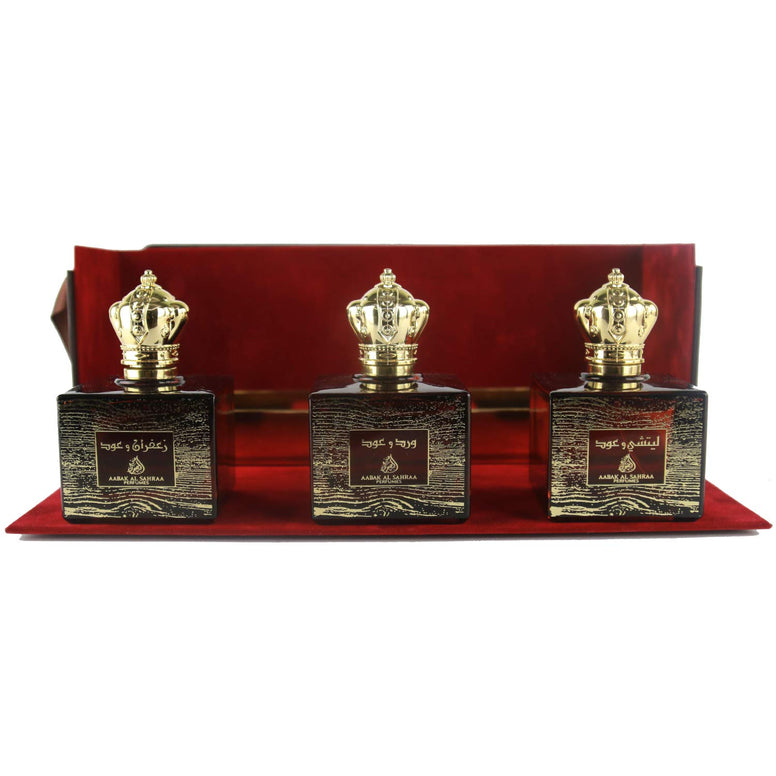 Abak Al Sahra Arabic Perfumes Oudy Collection Gift Set of 3 - Oud and Lichi, Oud and Saffron, Oud and Rose - Long Lasting Fragrance for Men and Women 100 ML each