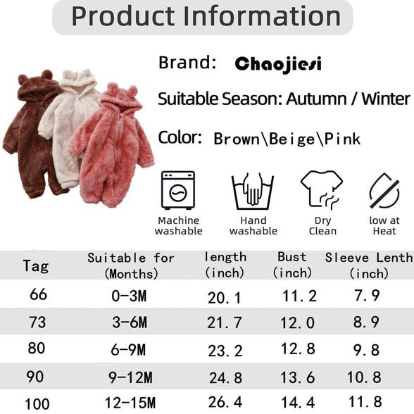 CHAOJIESI Baby Snowsuit Bear Ear Hooded Jumpsuit Fleece Romper Zipper Winter Coat Outfits (3-6 Months)