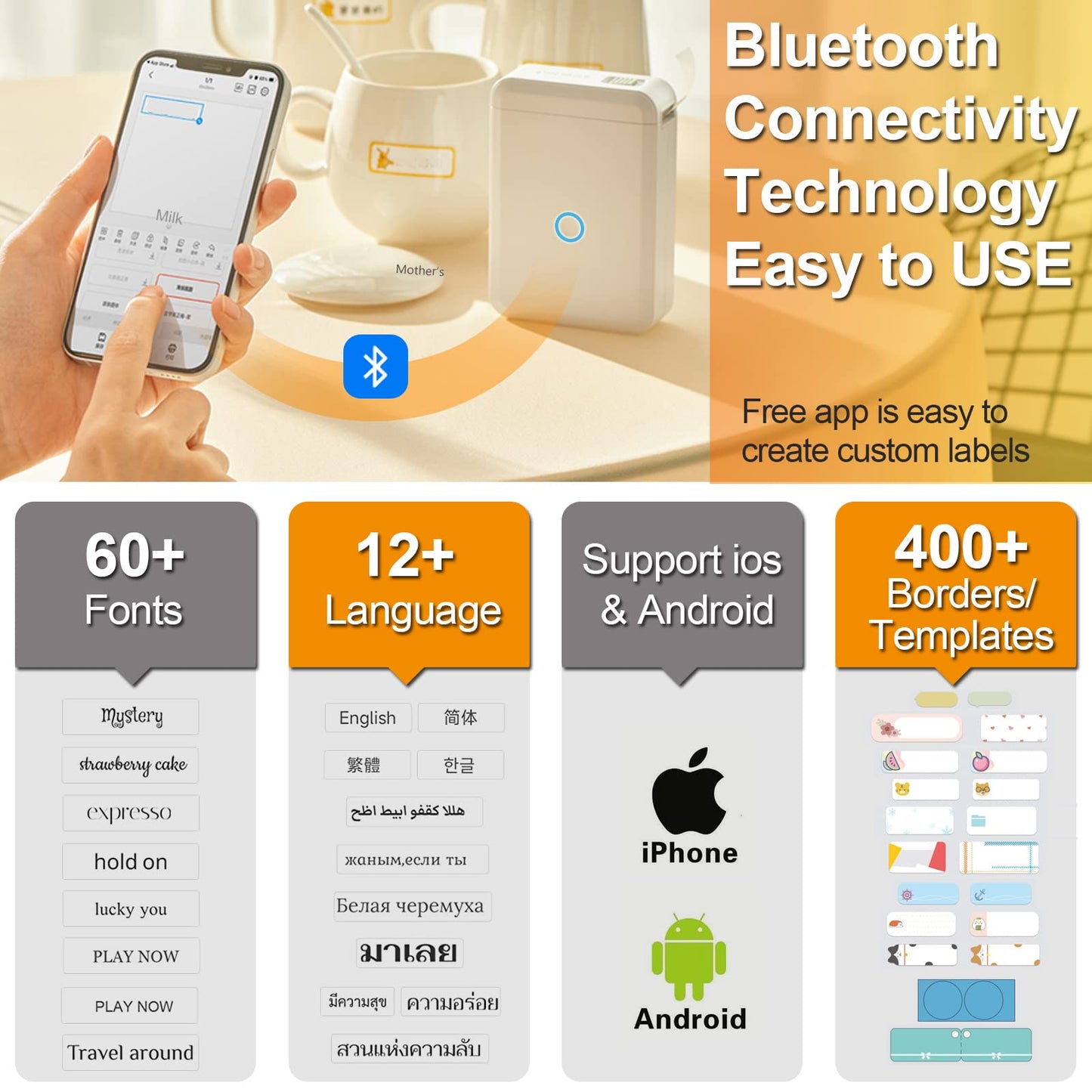 Label Maker D110 Mini Bluetooth Label Maker Machine with Tape Wireless Label Printer， Mini Wireless Thermal Label Machine Compatible with iOS and Android Inkless Rechargeable Handheld Home Printer