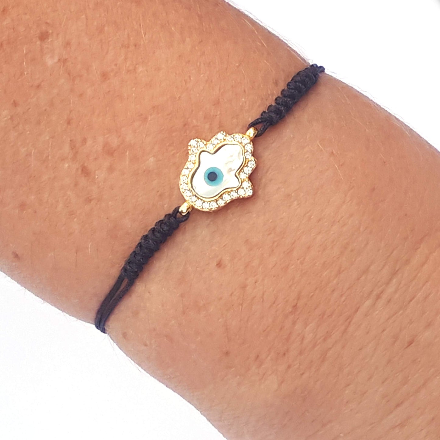 Alwan Adjustable String Bracelet with a Silver Hamsa for Women with an Evil Eye - EE5475HNB