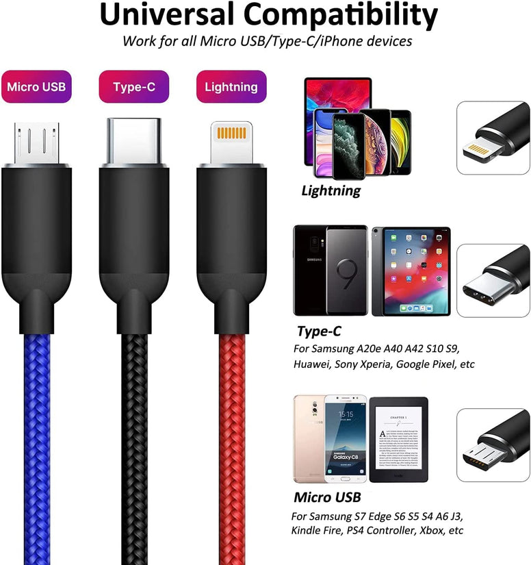 USB Cable 3 in 1 Aioneus Multi Charging Cable IP Cable USB Type C Cable Micro USB Cable, Fast Charging Cord Compatible with iPhone 13 12 11 Galaxy S20 S10 S9 S8 S7 Micro usb Android
