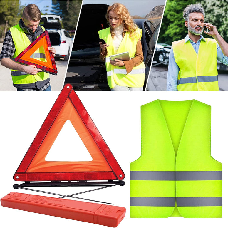 DRERIO Emergency Warning Triangle & Hi-vis Vest Kit 2 In 1 car Emergency kit Breakdown Reflective Safety Vests Foldable Car Reflective Strip European Driving Kit 2022 for Car Truck Driving Travel