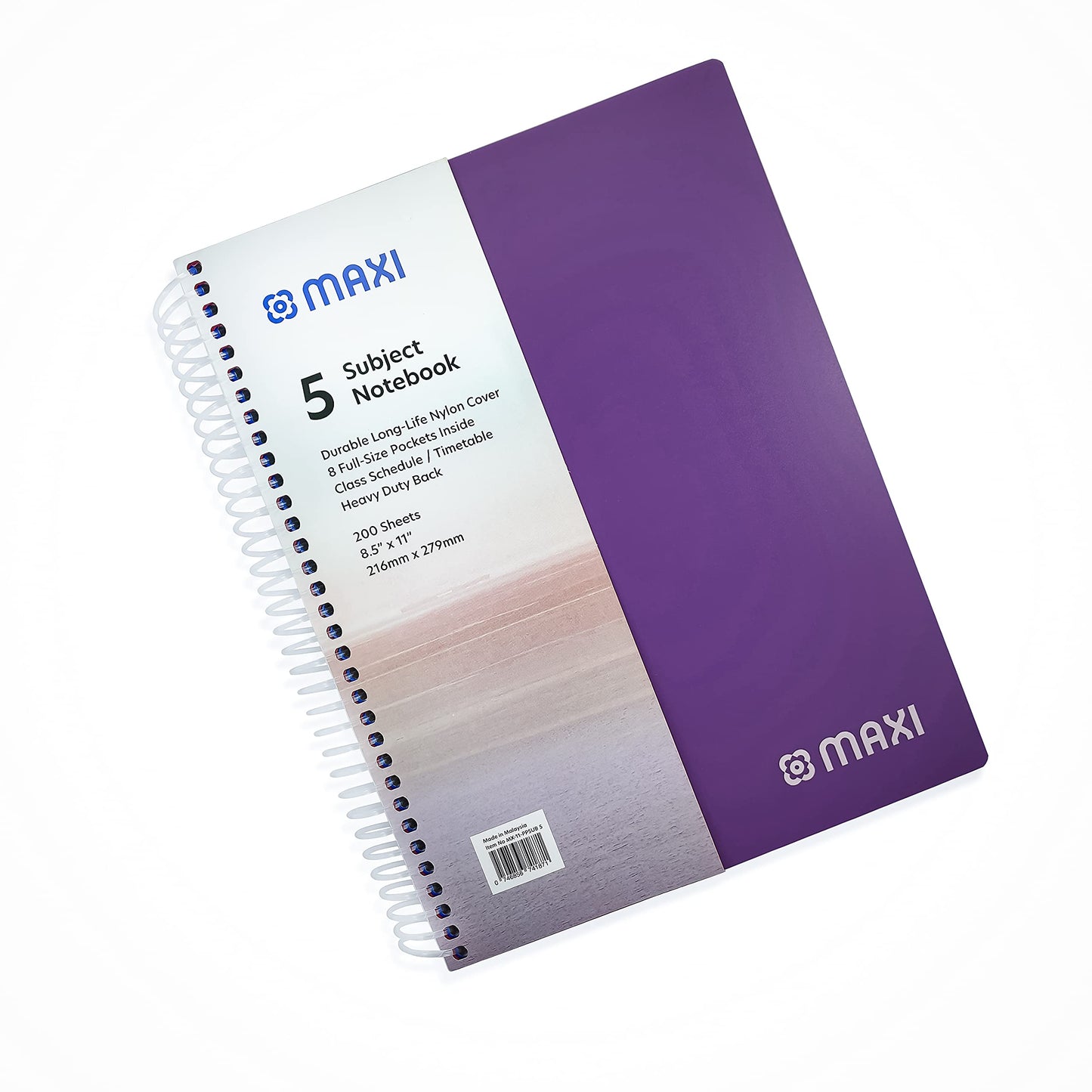 Maxi Spiral Polypropylene 5 Subject Notebook 11 Inches X 8.5 200 Sheets,Assorted, Ppsub5