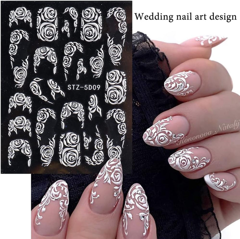 Nail Stickers, 8 Sheets Flower Nail Art Stickers Decals, 5D Acrylic Engraved Nail Sticker White Embossed Flower Sliders Lace Wedding Hollow Design DIY Nail Art for Women Girls