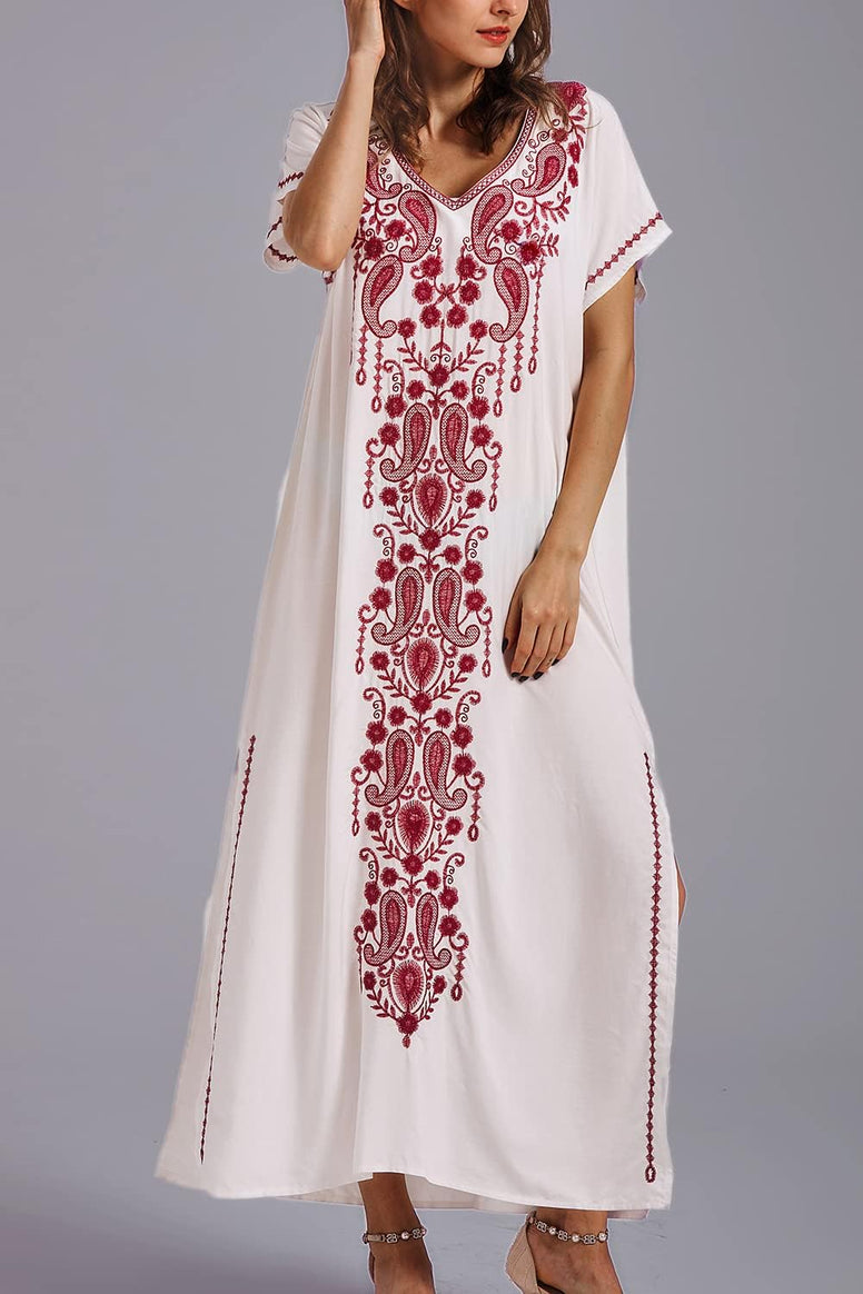 YouKD Embroidered Kaftan Dress Boho Beach Bikini Cover Up Robe Plus Size Loungewear for Women