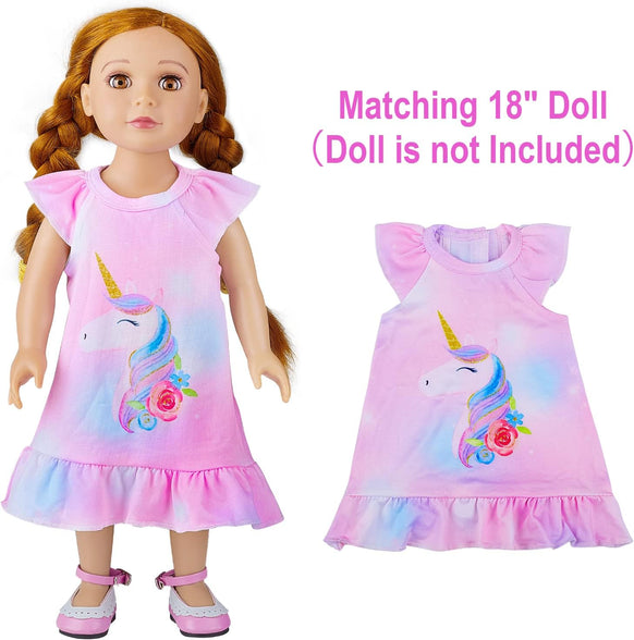 ICOSY Matching Girls & Doll Nightgowns Clothes Unicorn Pajamas Sleepwear Outfit for Girls and American 18" Girl Doll