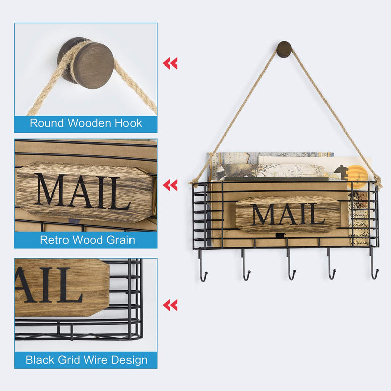SRIWATANA Mail Key Holder, Mail Organizer Wall Mount, Hanging Mail Letter Organizer with 5 Hooks Large