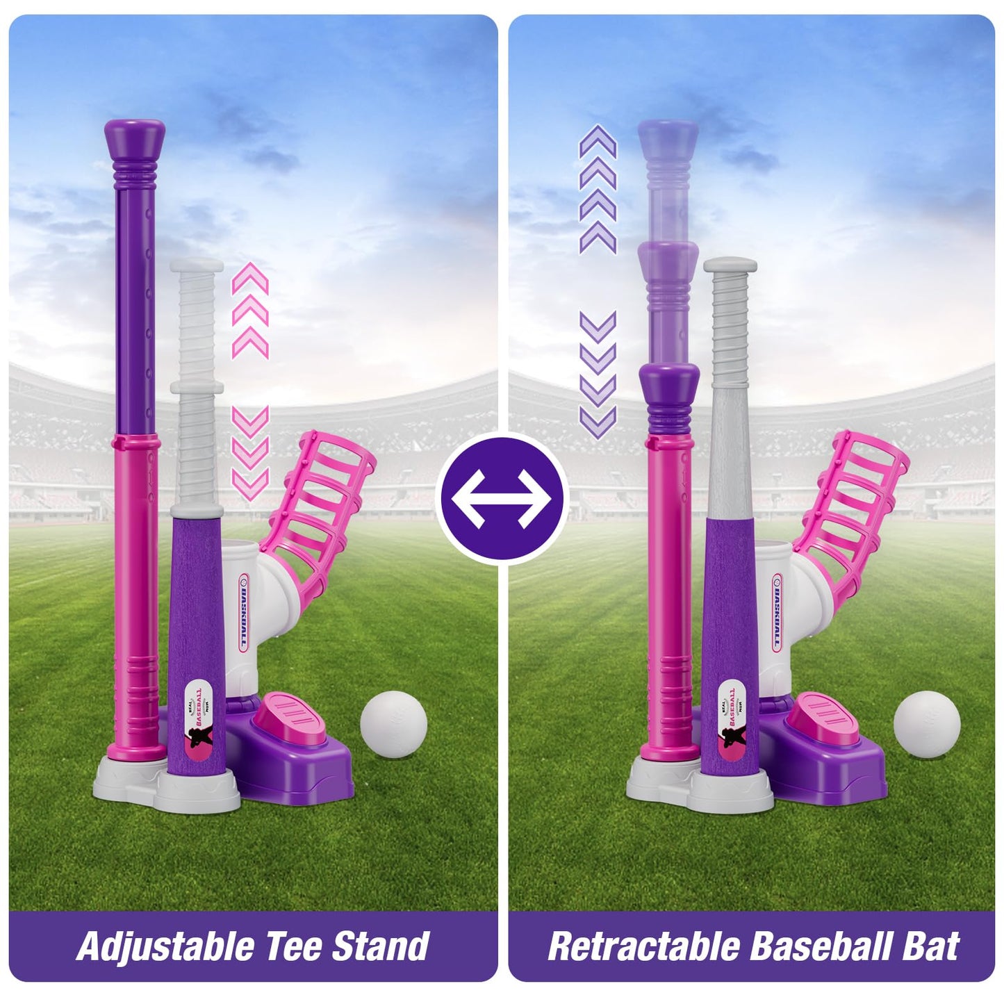 HYES 2 in 1 T Ball Sets for Kids 3-5, Tee Ball Set with Step on Pitching Machine/Adjustable Batting Tee/Retractable Baseball Bat/6 Balls, Outdoor Sport Toy Games for Girls Toddlers, Purple