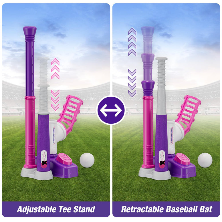 HYES 2 in 1 T Ball Sets for Kids 3-5, Tee Ball Set with Step on Pitching Machine/Adjustable Batting Tee/Retractable Baseball Bat/6 Balls, Outdoor Sport Toy Games for Girls Toddlers, Purple