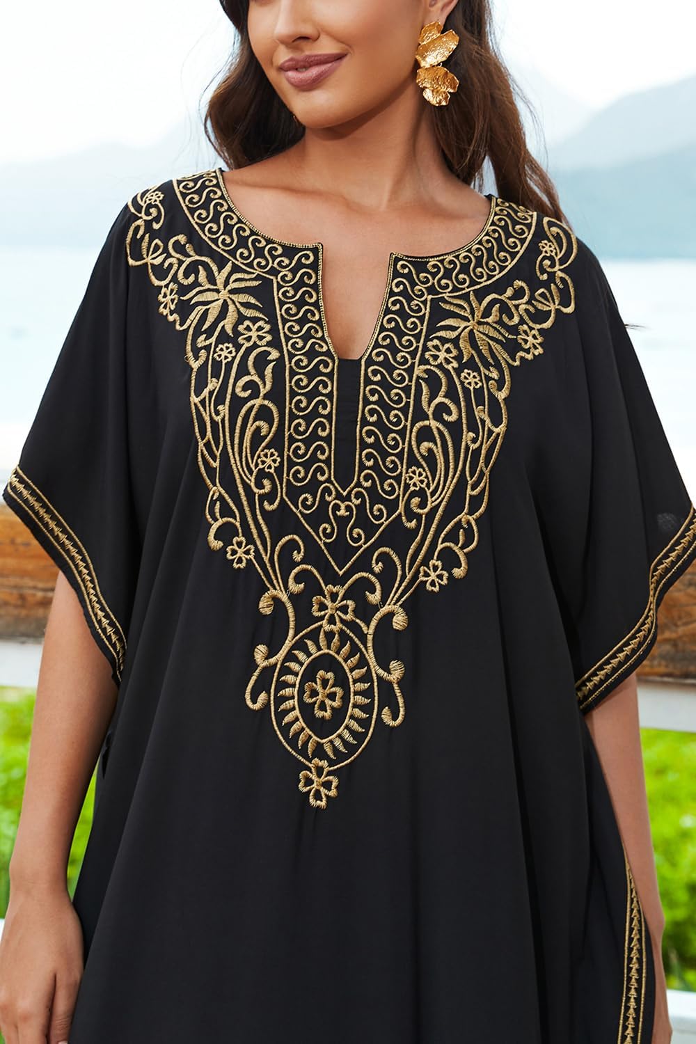 YouKD Embroidered Kaftan Dress Boho Beach Bikini Cover Up Robe Plus Size Loungewear for Women