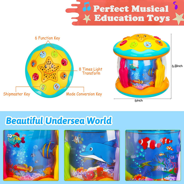 AM ANNA Baby Music Toys 4 in 1 Projector Ocean Rotating Montessori Toys,Crawling Light Up Baby Toys Newborn Baby Early Education Toys 3-18 Months Babies Gifts for Toddlers 1-3 Years Old Boys Girl Kid