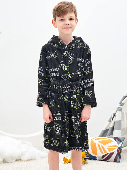 Doctor Unicorn Boys Soft Hooded Bathrobe Kids Warm Gamer Fleece Robe Sleepwear 5-6Y