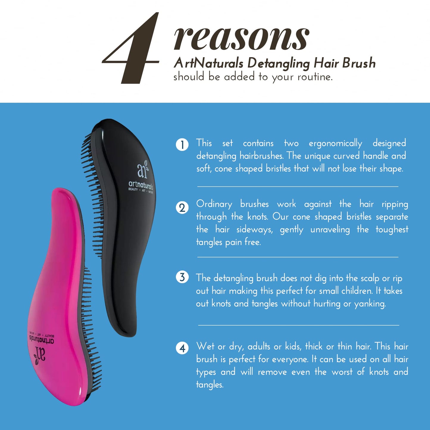 Art Naturals Detangling Hair Brush Set (Pink & Black) - glide the Detangler through Tangled hair - Best Brush/Comb for Women & Men - best for Thick and Curly Hair – Pain Free
