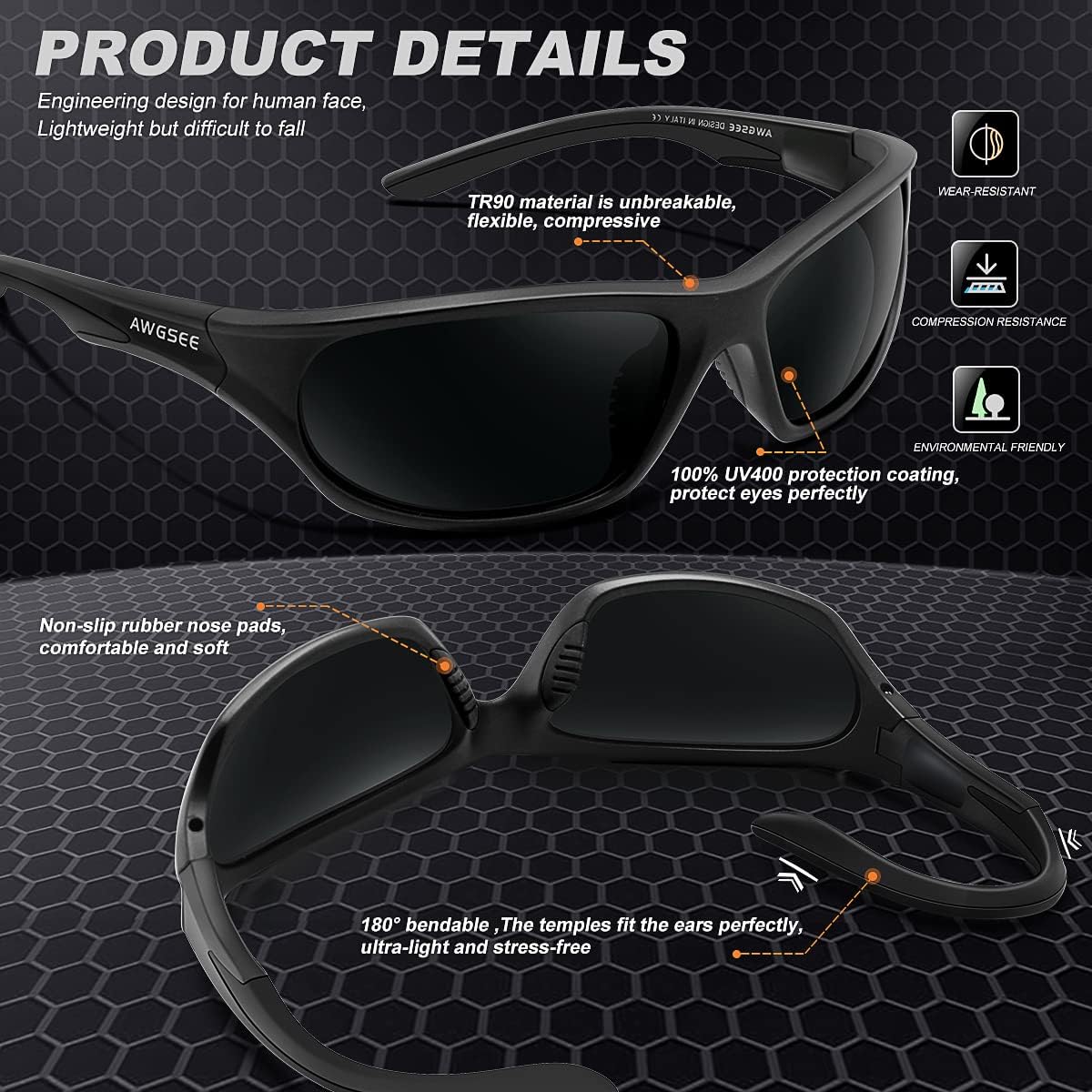 AWGSEE Polarized Sports Sunglasses For Men Cycling Driving Fishing Sun Glasses TR90 Unbreakable Frame 100% UV Protection