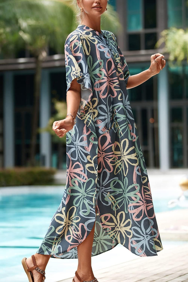 YouKD Summer Floral Loose Caftan Boho Beach Bikini Cover Up Dress Plus Size Robe for Women