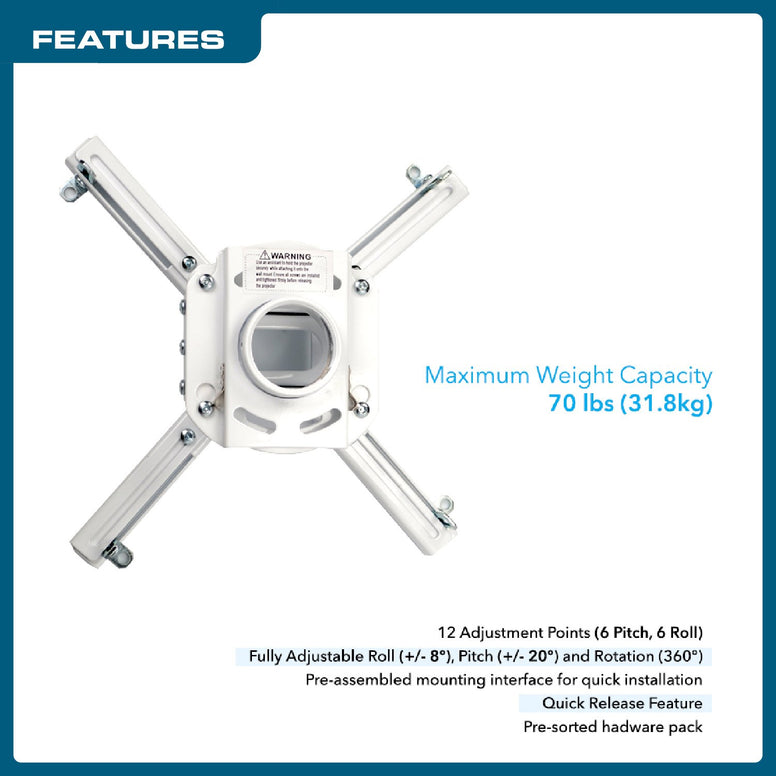 QualGear Pro-AV QG-KIT-CA-3IN-W Projector Mount Kit Accessory Single Joist Ceiling Adapter, 3" 1.5", White