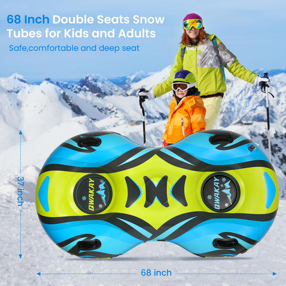 Snow Tube Sled for Kids Adults - Double Seats Snow Tubes for Sledding Heavy Duty - 2 Person Sledding Tube with Towable Rope - Extra Large Inflatable Inner Tube for Winter Outdoor Sport