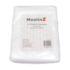 MuslinZ 12 Pack 100% Pure Cotton White Baby Muslin Squares, burp cloths, newborn nappy 70x70cms