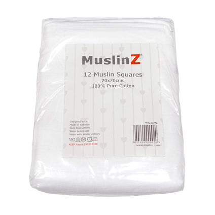 MuslinZ 12 Pack 100% Pure Cotton White Baby Muslin Squares, burp cloths, newborn nappy 70x70cms
