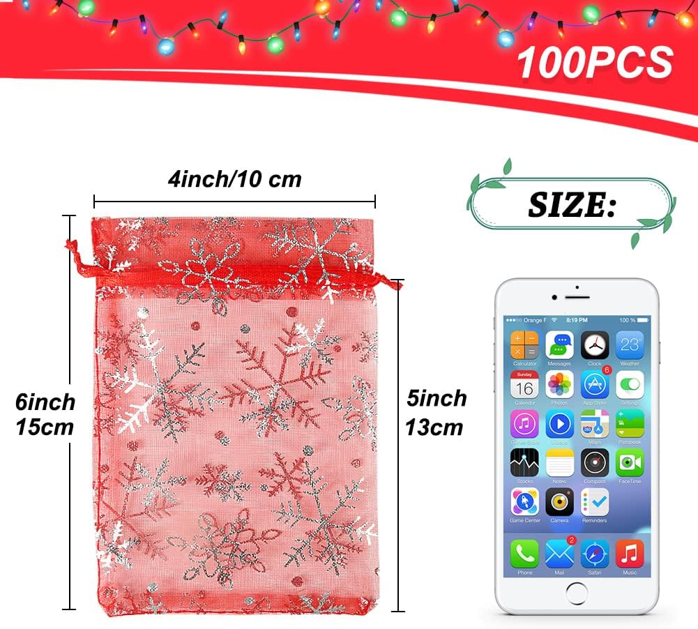 HRX Package 100pcs Snowflake Organza Bags, 10x15cm Christmas Red Drawstring Mesh Gift Pouches for Jewellery Candy Wedding Party Favors