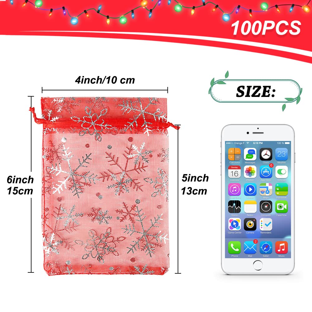 HRX Package 100pcs Snowflake Organza Bags, 10x15cm Christmas Red Drawstring Mesh Gift Pouches for Jewellery Candy Wedding Party Favors