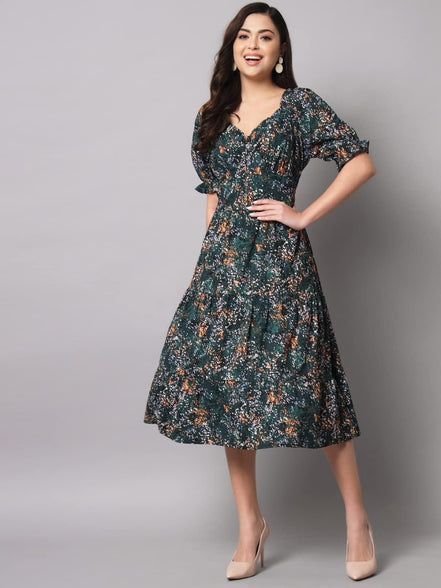 Styleville,A-Line Green Jungle Print Dress