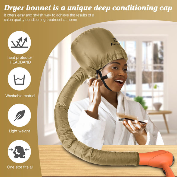 Bonnet Hood Hair Dryer Attachment - Soft, Adjustable Extra Large Bonnet Hair Dryer for Speeds Up Drying Time at Home, Easy to Use for Styling, Curling and Deep Conditioning (Gold)