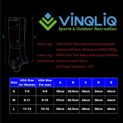 Vinqliq Durable Waterproof Breathable Hiking Ski Snow Climbing Hunting High Leg Gaiters for Men and Women