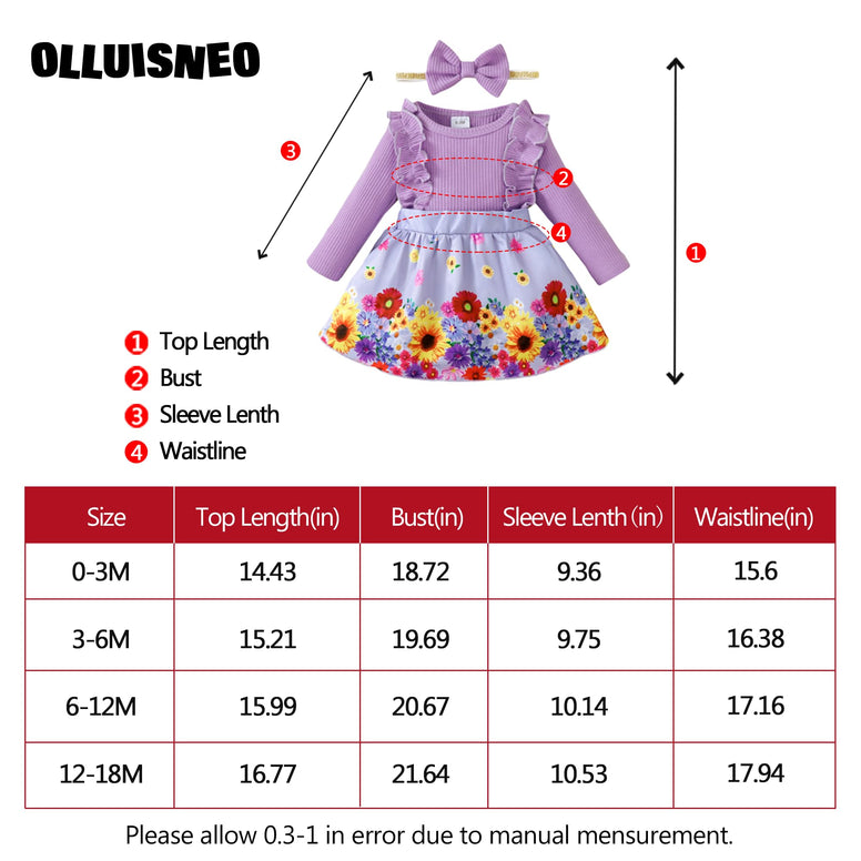 OLLUISNEO Newborn Baby Girl Dress Infant Ruffle Sleeve Romper Outfits Flower Girls Dresses Baby Girl Clothes Summer Fall(3-6 M)