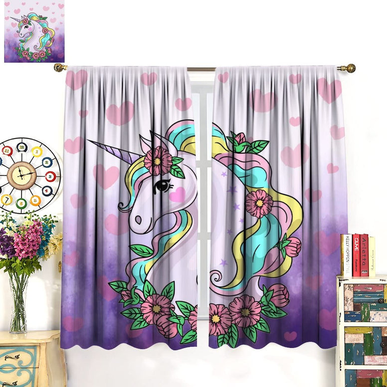 Cartoon Unicorn Kids Blackout Curtains,Cute Cartoon Purple Unicorns with Flower Pink Heart Purple Blackground for Girls Bedroom Windows Drapes Living Room Study 21x45in,2 Panel Set