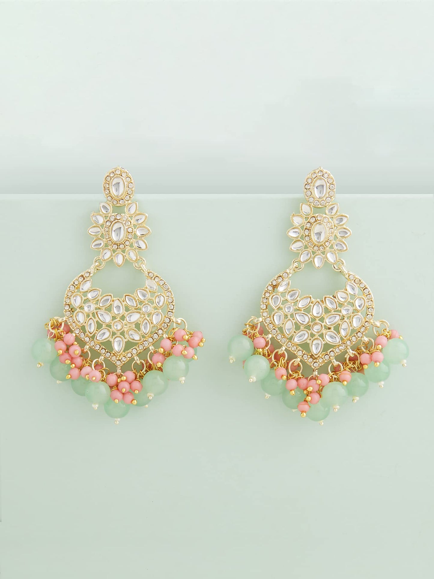 ZAVERI PEARLS Green & Pink Cluster Beads Kundan Ethnic Dangle Earring For Women-ZPFK13547