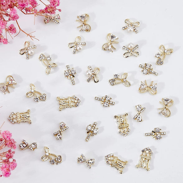 30Pcs Pearl Bow Nail Charms, 3D Gold Cross Bowknot Nail Rhinestones, Boxed Cute Nail Art Bows Nail Decorations for Nail Accessories Manicure Design DIY