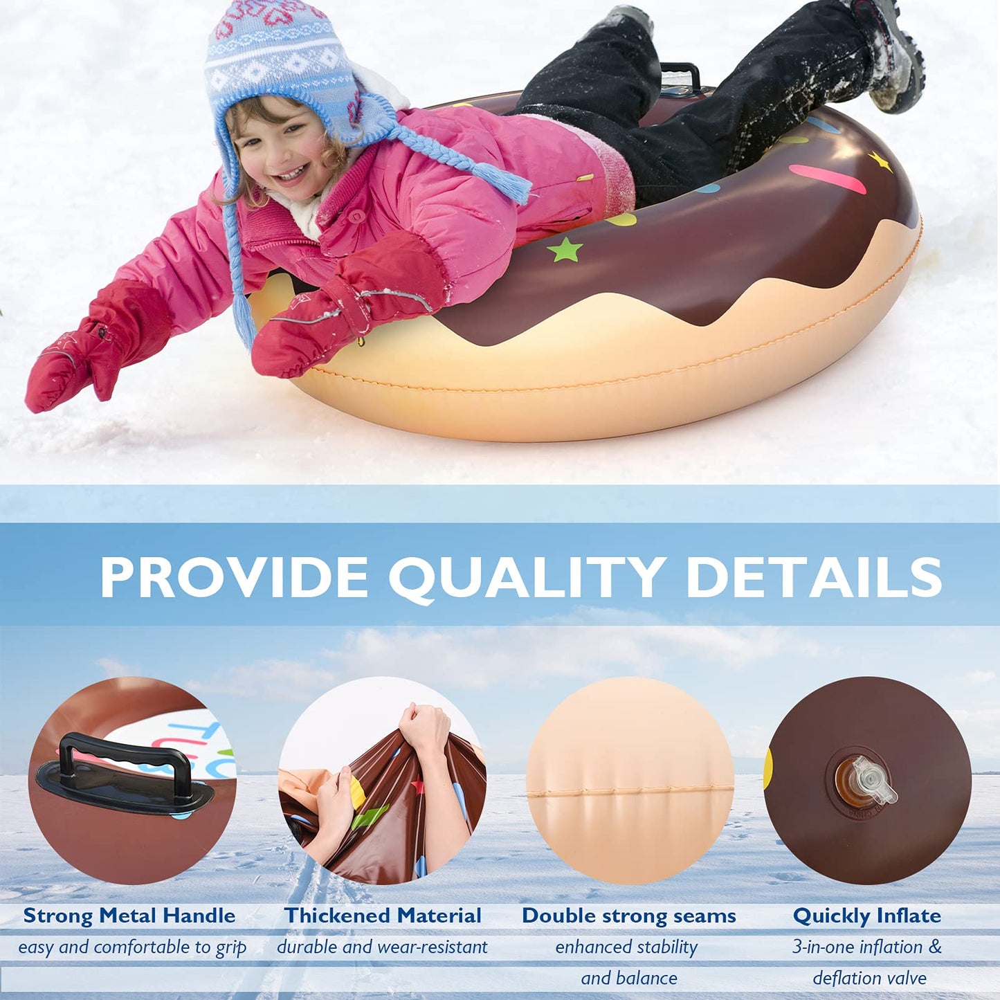 BOWINR Inflatable Winter Snow Tube Sled for Kids and Adults Heavy Duty