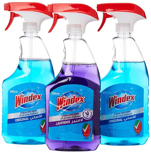 Windex Window & Glass Cleaner 2 x Original & 1 x Lavender, Streak Free Shine, Works On Smudges & Fingerprints, 3 x 750ml