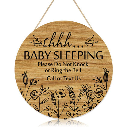 Shhh... Baby Sleeping Hanging Sign Plaque, Do Not Knock Or Ring The Bell, Round Rustic Wooden Door Hanger for Baby Room, Nursery, Kindergarten, Bedroom, Door Knob Door Bell Decor