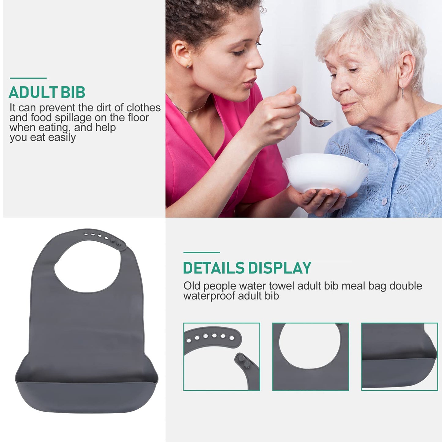 Healifty Silicone Adult Bib Waterproof Eating Bib Washable Adjustable Clothing Protector Reusable Apron Mealtime Cloth with Crumb Catcher Pocket for Elderly Disabled Grey