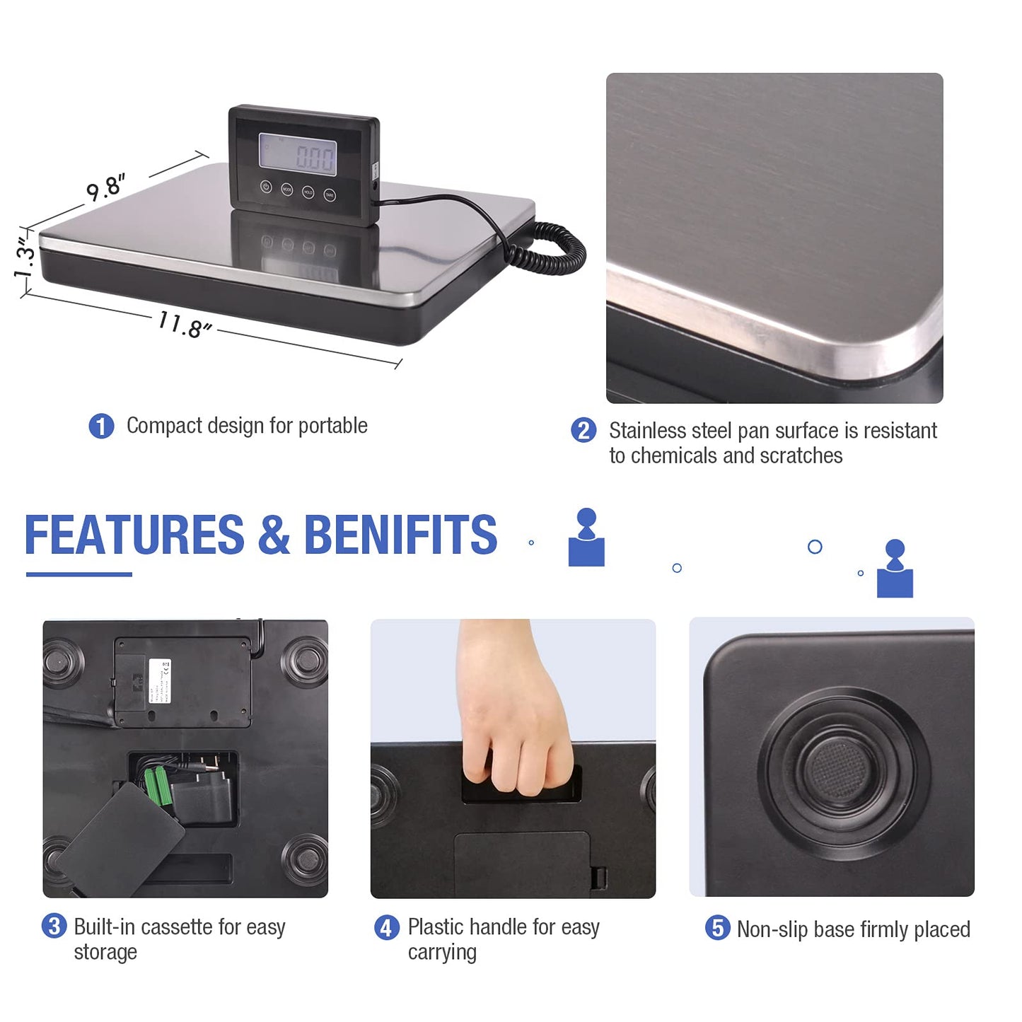 Shipping Postal Scale with Durable Stainless Steel Large Platform, 400lb High Accuracy, Backlit LED Display,Post Office Postal Scale and Luggage Scale, Battery & DC Adapter Included