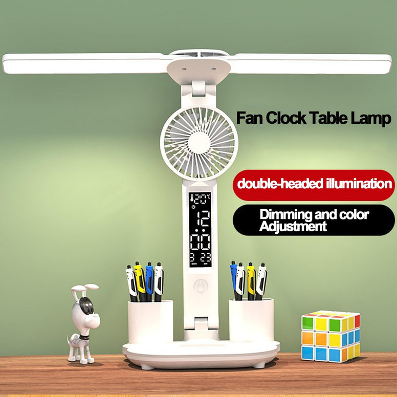 Foldable Double Head Led Fan Desk Lamp,USB Rechargeable Reading Lamp with Digital Temp, Time, Date, Pen Holders 3 Color Modes and Infinite Dimming, Double Swing Arm Desk Lamp,for Reading, Home