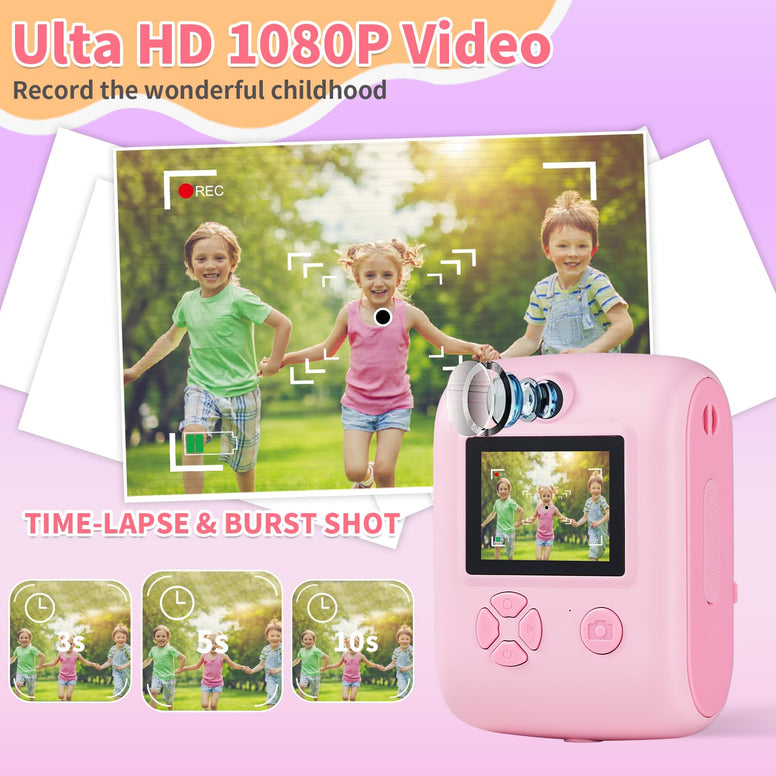 ERTYU Kids Camera Instant Print Toys for Girls Ages 6-12 Mini Camera with Zero Ink Print Paper, Birthday Gift Toys 1080P Video Camera For Children Outdoor Portable Toy for Girls 3 4 5 6 7 Year Old