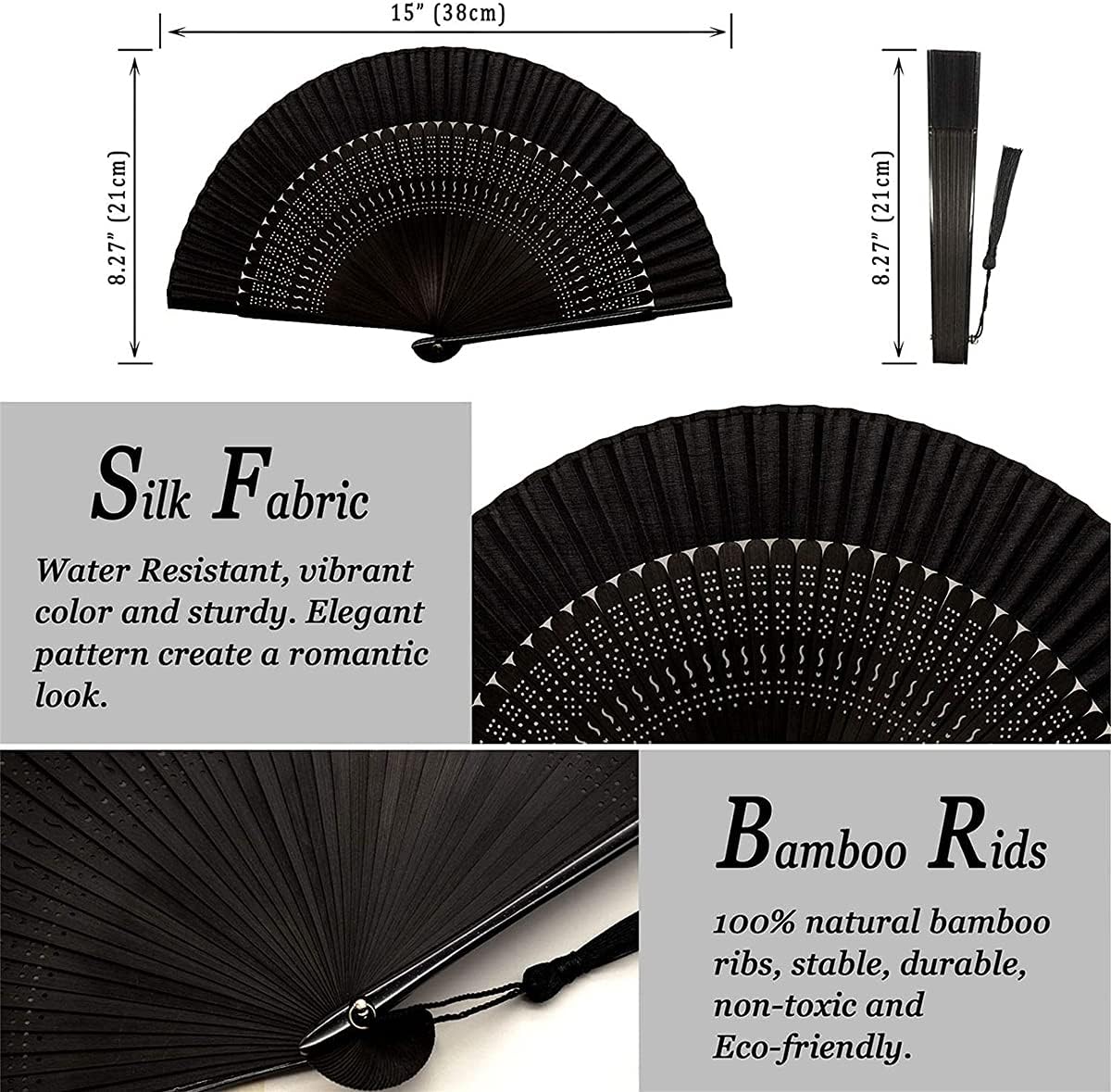 Folding Fan, KASTWAVE Hand Fan Bamboo Festival Fans, Chinese Japanese Kung Fu Tai Chi Vintage Bamboo Silk Fans for Music Festival, Dance Bamboo Hand Fan Retro Style Handmade